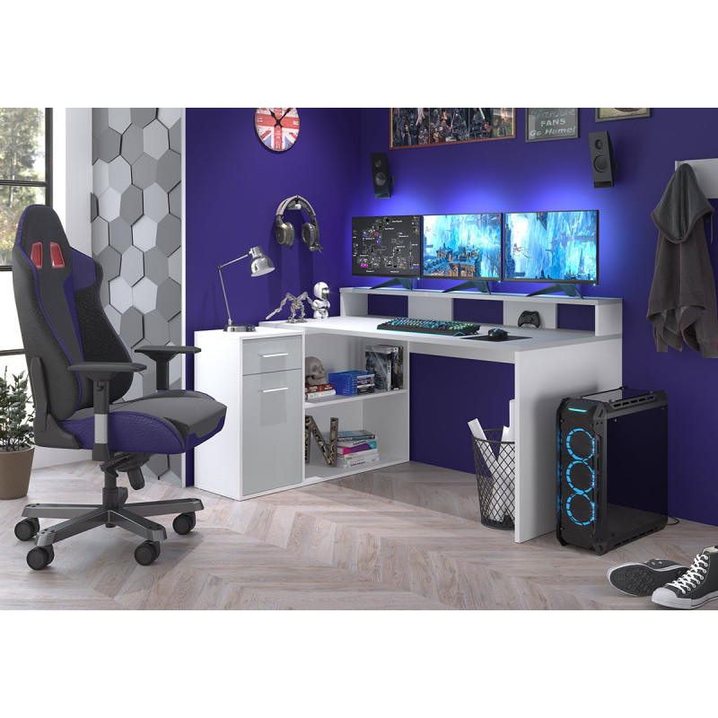 Bureau de gaming Maverick blanc/gris clair