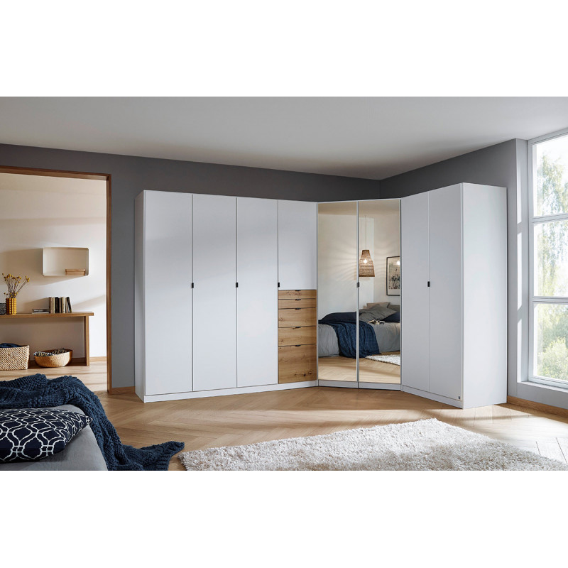 Grande armoire en angle KENORA en décor blanc mat et chene artisan