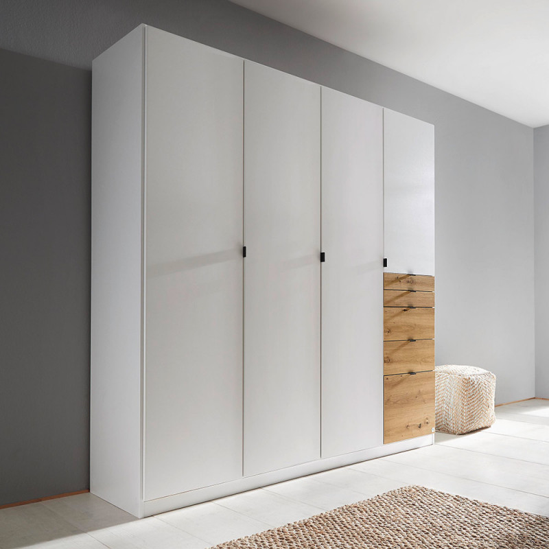 Armoire KENORA avec 4 portes et 5 tiroirs en décor blanc mat et chene artisan