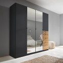 Armoire KENORA avec 4 portes, dont 2 portes miroirs, et 5 tiroirs en décor gris mat et chene artisan