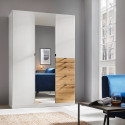 Armoire KENORA avec 3 portes, dont 1 porte miroir, et 5 tiroirs en décor blanc mat et chene artisan