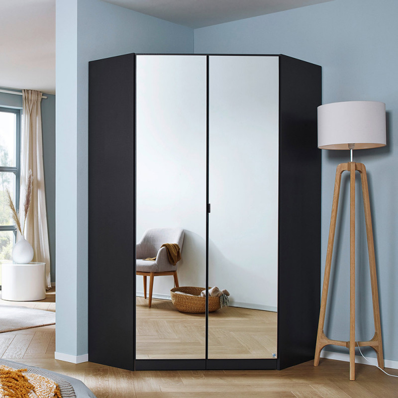 Armoire d'angle KENORA avec 2 portes miroirs en décor gris métal mat